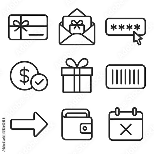 Gift Card Icons. Line style icons of Gift Card System: gift card, e-gift email, redeem code field, balance check icon, gift wrap
