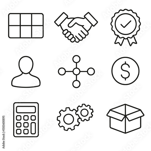 Business Canvas Icons. Line style icons of Business Model Canvas: canvas grid, key partners handshake, value proposition badge,