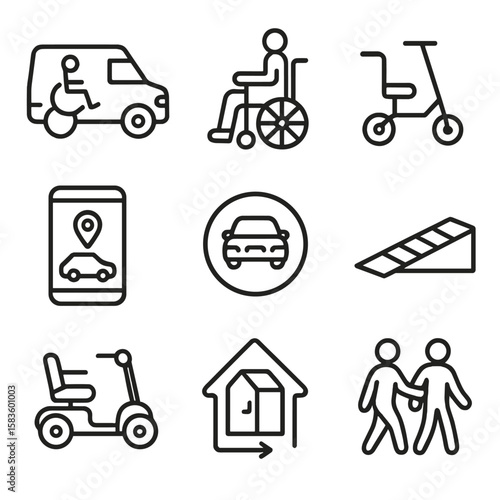 Transportation Assistance Icons. Line style icons of Transportation Assistance: accessible van, transfer wheelchair, knee walker,