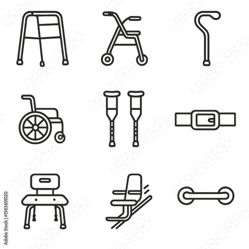 Elderly Mobility Icons. Line style icons of Elderly Mobility Aids: walker frame, rollator seat, cane handle, wheelchair silhouette