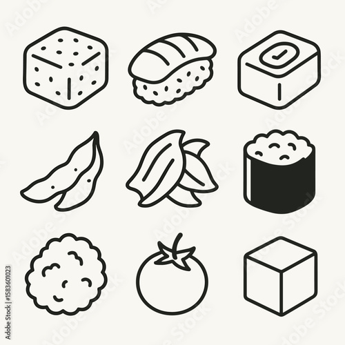 Bento Box Icons. Line style icons of Bento Lunch Set: rice block, sushi nigiri, tamagoyaki piece, edamame pod, pickled ginger