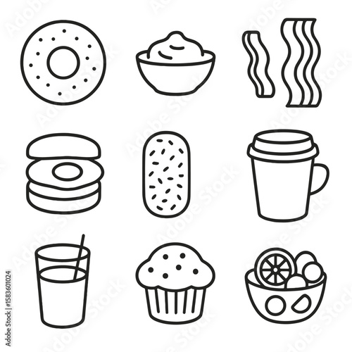 Morning Lunch Icons. Line style icons of Morning Lunch Combo: bagel half, cream cheese spread, bacon slice, egg muffin, hash brown