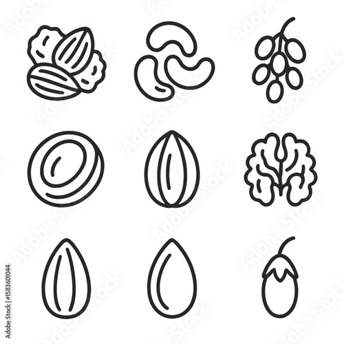 Fruit & Nut Icons. Line style icons of Fruit & Nut Snack Mix: almond cluster, cashew handful, raisin bunch, dried apricot slice,