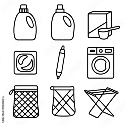 Laundry Care Icons. Line style icons of Laundry Care Products: detergent bottle, fabric softener jug, powder box, measuring scoop,
