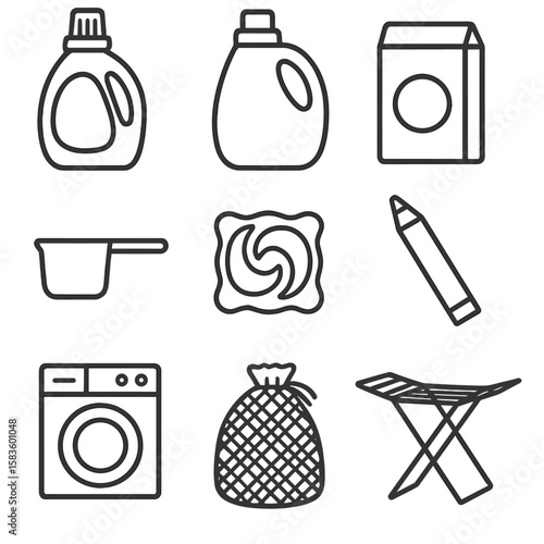 Laundry Care Icons. Line style icons of Laundry Care Products: detergent bottle, fabric softener jug, powder box, measuring scoop,