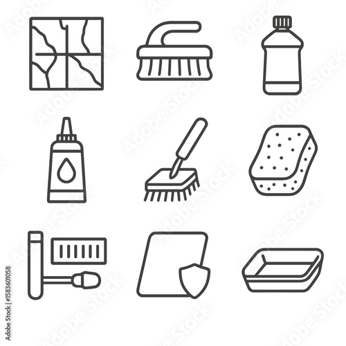 Natural Stone Care Icons. Line style icons of Natural Stone Care: stone tile, stone brush, neutral cleaner bottle, sealant tube,