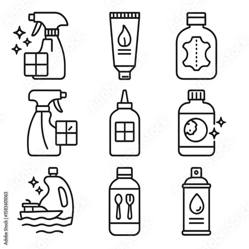Specialty Cleaner Icons. Line style icons of Specialty Surface Cleaners: grout spray, oven cleaner tube, leather conditioner,