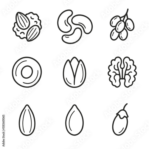 Fruit & Nut Icons. Line style icons of Fruit & Nut Snack Mix: almond cluster, cashew handful, raisin bunch, dried apricot slice,