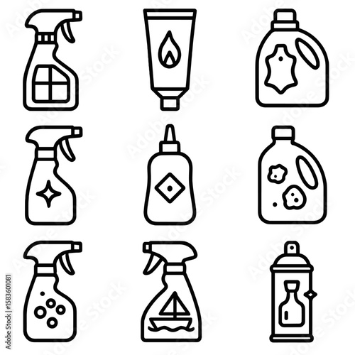 Specialty Cleaner Icons. Line style icons of Specialty Surface Cleaners: grout spray, oven cleaner tube, leather conditioner,