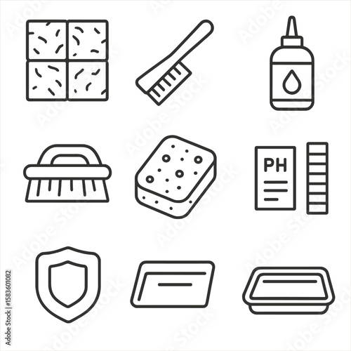 Natural Stone Care Icons. Line style icons of Natural Stone Care: stone tile, stone brush, neutral cleaner bottle, sealant tube,