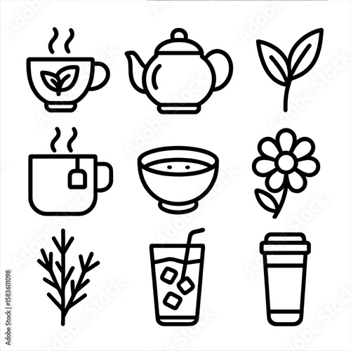 Tea Icon Collection. Line style icons of Tea Varieties: green tea cup, black tea pot, oolong leaf, herbal infusion mug, matcha