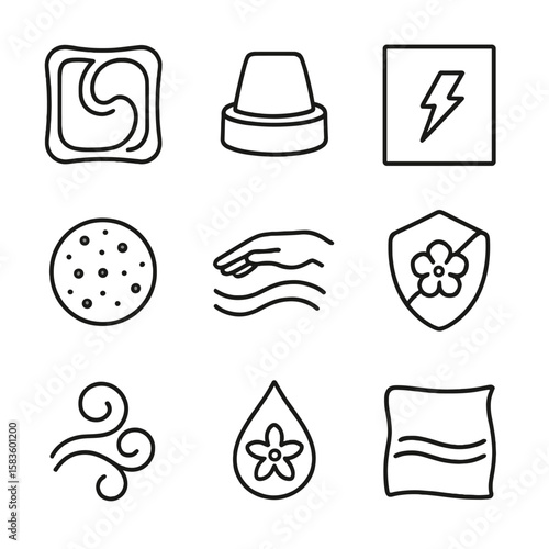 Fabric Care Icons. Line style icons of Fabric Care & Softening: softener pod, conditioner cap, anti-static sheet, scent booster