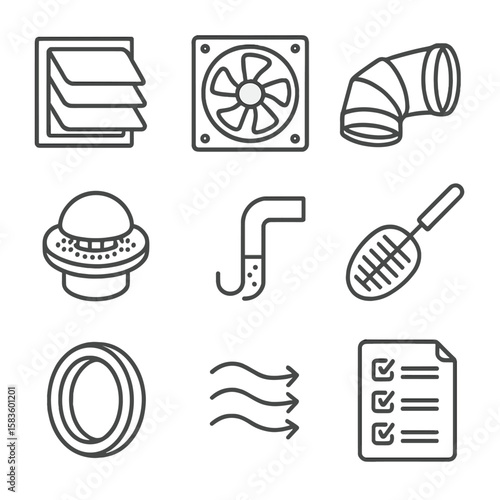 Dryer Ventilation Icons. Line style icons of Dryer Ventilation & Maintenance: vent hood, exhaust fan, duct pipe, vent cap,