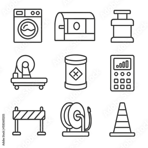 Industrial Laundry Icons. Line style icons of Industrial Laundry Machinery: industrial washer, tunnel washer, extractor press,