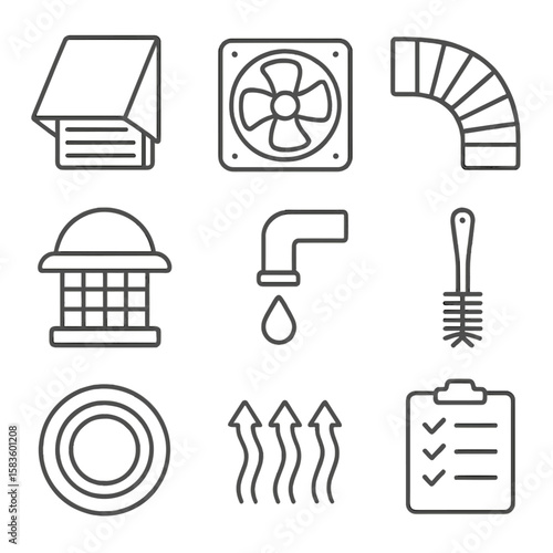 Dryer Ventilation Icons. Line style icons of Dryer Ventilation & Maintenance: vent hood, exhaust fan, duct pipe, vent cap,