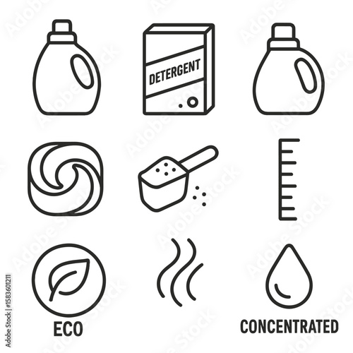 Laundry Product Icons. Line style icons of Detergents and Fabric Softeners: liquid detergent bottle, powder box, softener jug, pod