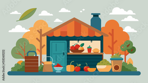 The cottage kitchen was stocked with fresh produce from the local farmers market providing the nomad with nourishment and a taste of rural life.. Vector illustration