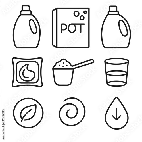Laundry Product Icons. Line style icons of Detergents and Fabric Softeners: liquid detergent bottle, powder box, softener jug, pod