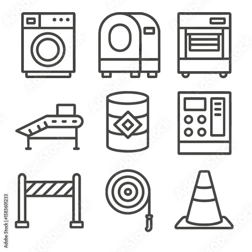Industrial Laundry Icons. Line style icons of Industrial Laundry Machinery: industrial washer, tunnel washer, extractor press,