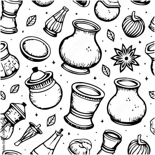 Hand-Drawn Pottery Seamless Pattern Black and White Decorative Background Texture