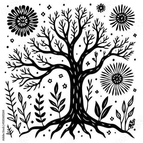 Hand-drawn tree of life illustration with floral elements symbolizing growth and connection