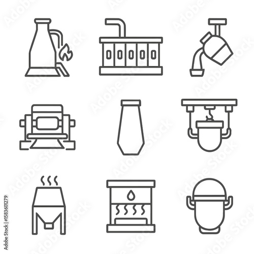 Steel Production Icons. Line style icons of Steel Production: blast furnace, coke oven battery, converter vessel, rolling mill,