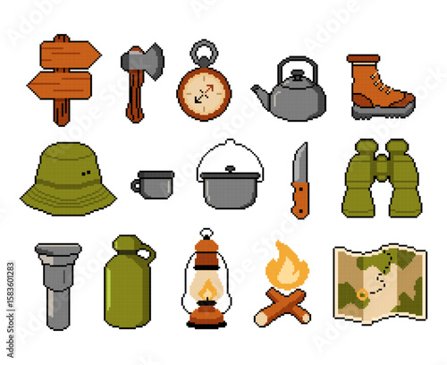 Pixel art camping icons set
