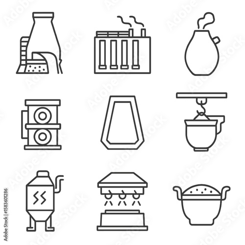 Steel Production Icons. Line style icons of Steel Production: blast furnace, coke oven battery, converter vessel, rolling mill,