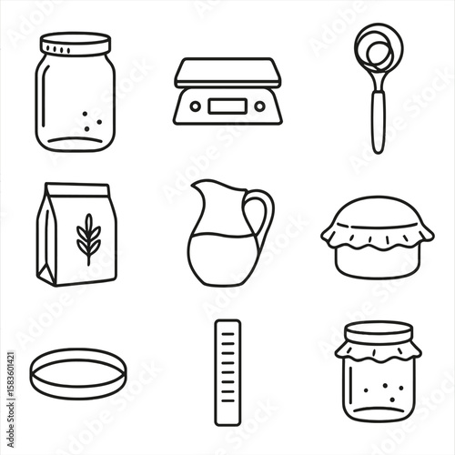 Sourdough Starter Icons. Line style icons of Sourdough Starter Kit: mason jar, kitchen scale, dough whisk, rye flour bag, water