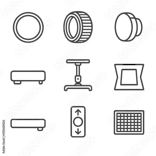 Projection Accessories Icons. Line style icons of Projection Accessories: lens cap, zoom ring, focus knob, ceiling mount bracket,