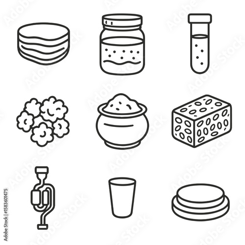 Fermentation Growth Icons. Line style icons of Fermentation Growth: kombucha SCOBY, sourdough starter jar, yogurt culture vial,