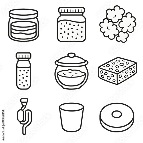Fermentation Growth Icons. Line style icons of Fermentation Growth: kombucha SCOBY, sourdough starter jar, yogurt culture vial,