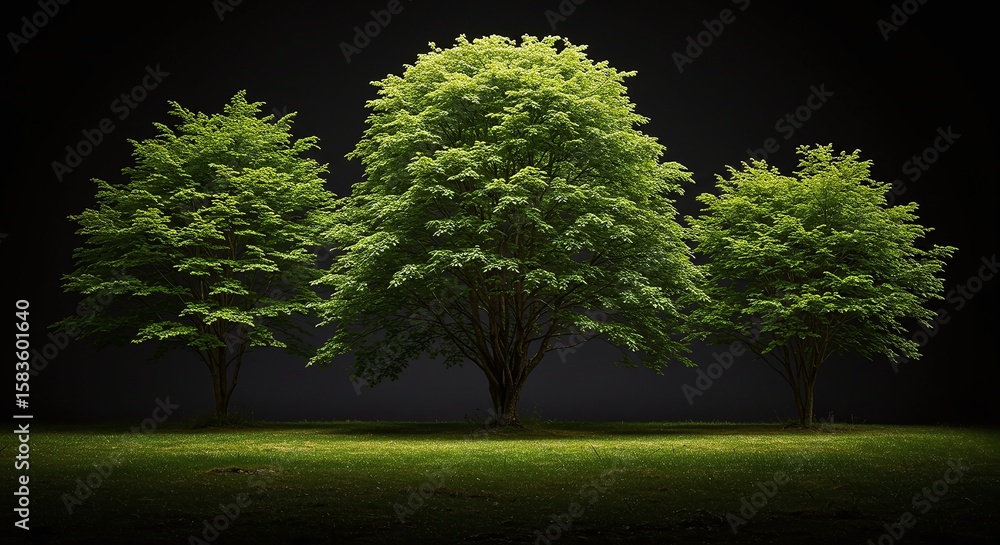 Fototapeta premium Three Green Trees in Night Scene Illuminated by Spotlight