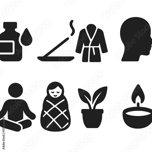 Relaxation Icons. Solid style icons of relaxation: essential oils, incense stick, bathrobe, quiet sign, meditation icon, comfort