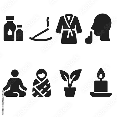 Relaxation Icons. Solid style icons of relaxation: essential oils, incense stick, bathrobe, quiet sign, meditation icon, comfort