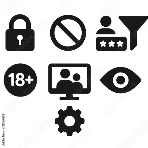 Parental Control Icons. Solid style icons of parental control basics: lock symbol, restricted access, password gate, content