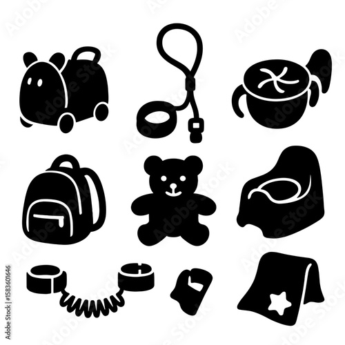 Toddler Travel Essentials. Solid style icons of toddler travel: ride-on suitcase, toddler leash, snack cup, potty trainer, small