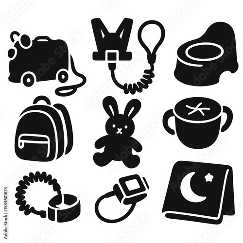 Toddler Travel Essentials. Solid style icons of toddler travel: ride-on suitcase, toddler leash, snack cup, potty trainer, small