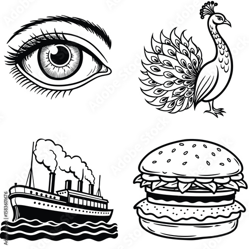 Vector art of a striking collection of line drawings featuring an eye, a peacock, a steamship, and a hamburger