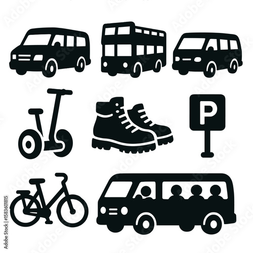 Transport Icons Collection. Solid style icons of transport on tours: tour van, open-top bus, shuttle icon, segway ride, city bike