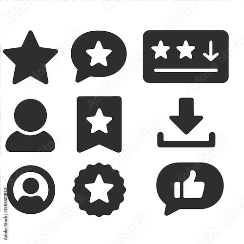 Theme Ratings Icons. Solid style icons of theme ratings and reviews: star icon, review comment, theme score, download count, user