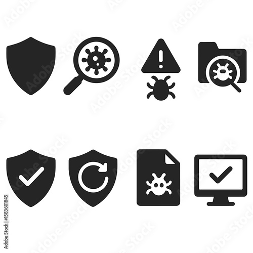 Antivirus Icons. Solid style icons of antivirus essentials: shield icon, virus scan, malware alert, quarantine folder, real-time