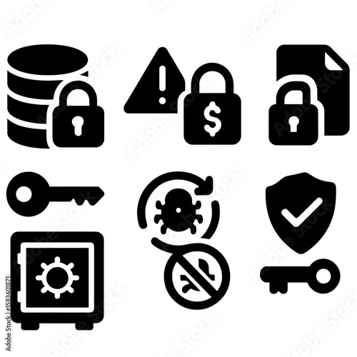 Ransomware Protection Icons. Solid style icons of ransomware protection: data lock icon, ransom alert, auto backup, encrypted file