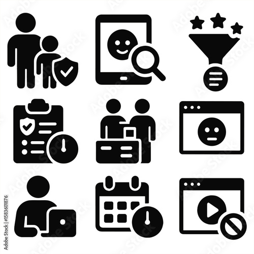 Parental Control Icons. Solid style icons of parental antivirus tools: child protection icon, kid device scan, blocked site for