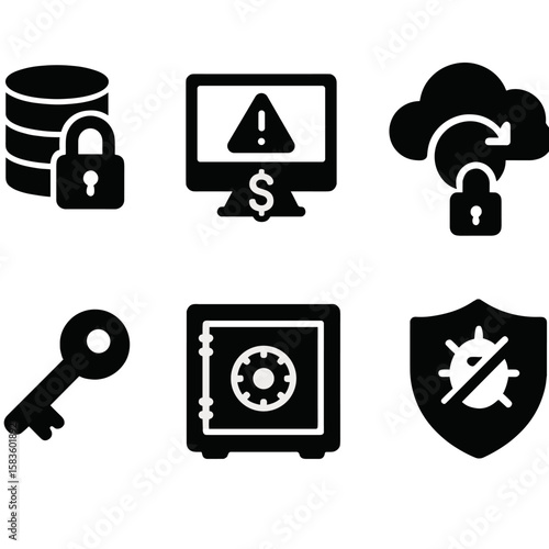 Ransomware Protection Icons. Solid style icons of ransomware protection: data lock icon, ransom alert, auto backup, encrypted file