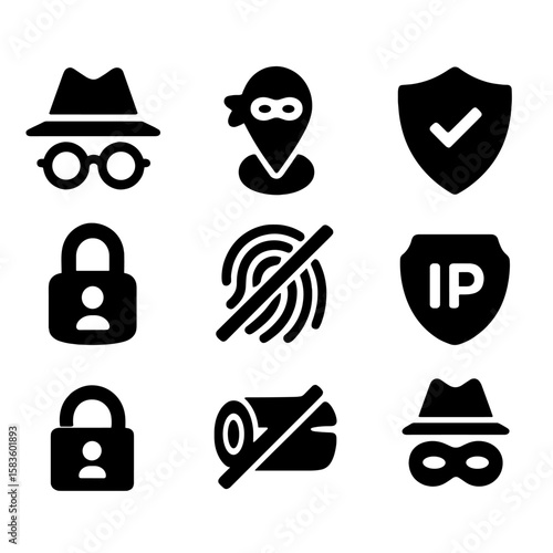 Online Privacy Icons. Solid style icons of online privacy: incognito icon, masked location, DNS protection, IP hidden badge,