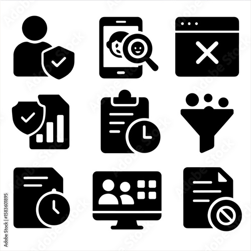 Parental Control Icons. Solid style icons of parental antivirus tools: child protection icon, kid device scan, blocked site for
