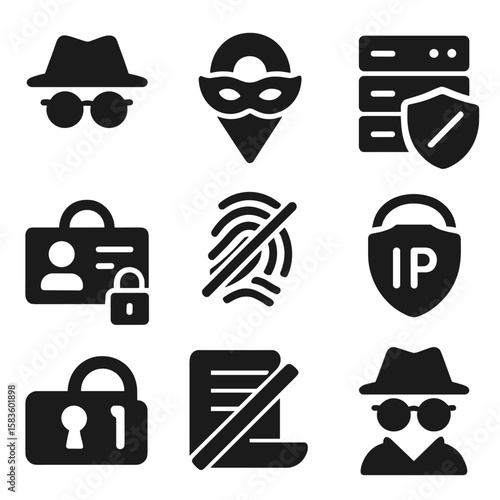 Online Privacy Icons. Solid style icons of online privacy: incognito icon, masked location, DNS protection, IP hidden badge,