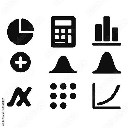 Statistics Icons. Solid style icons of statistics functions: mean icon, median calculator, mode symbol, standard deviation,