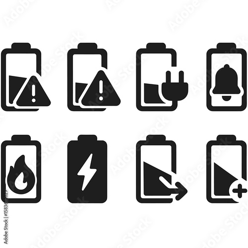 Battery Alert Icons. Solid style icons of battery alerts: low battery alert, critical warning icon, unplug alert, charge soon